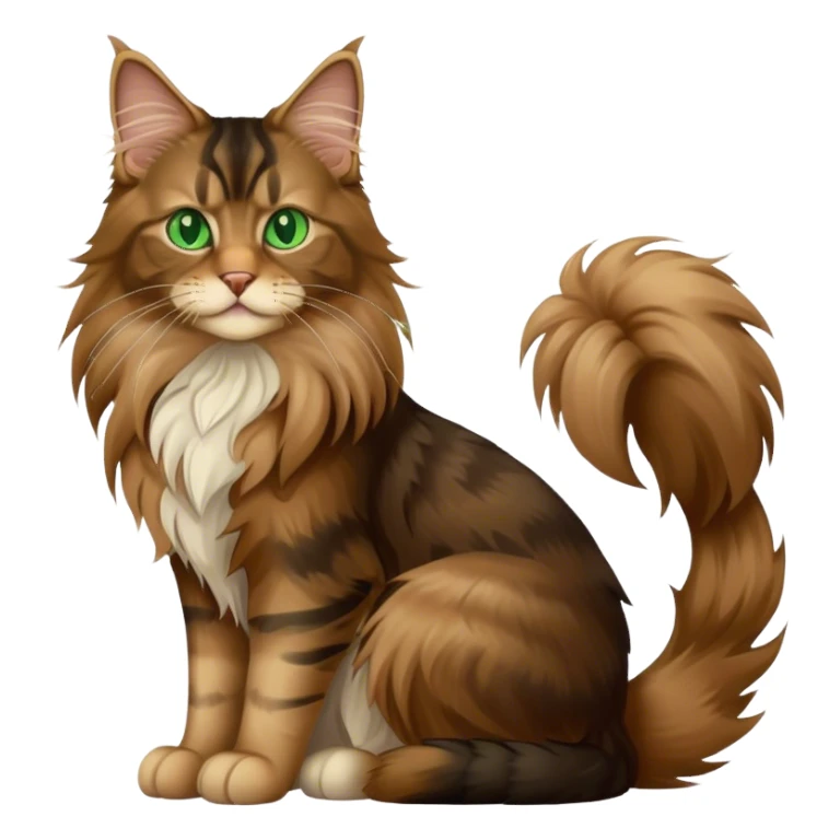 A light brown and black long haired Maine coon cat with green eyes sitting down sticker