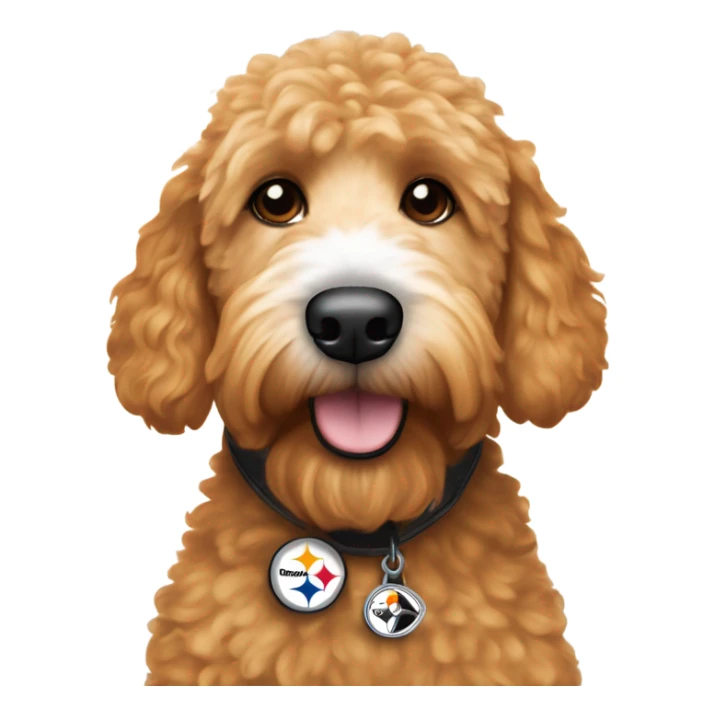 Ginger golden doodle with white tuft on head and white nose wearing Pittsburgh Steelers jersey sticker