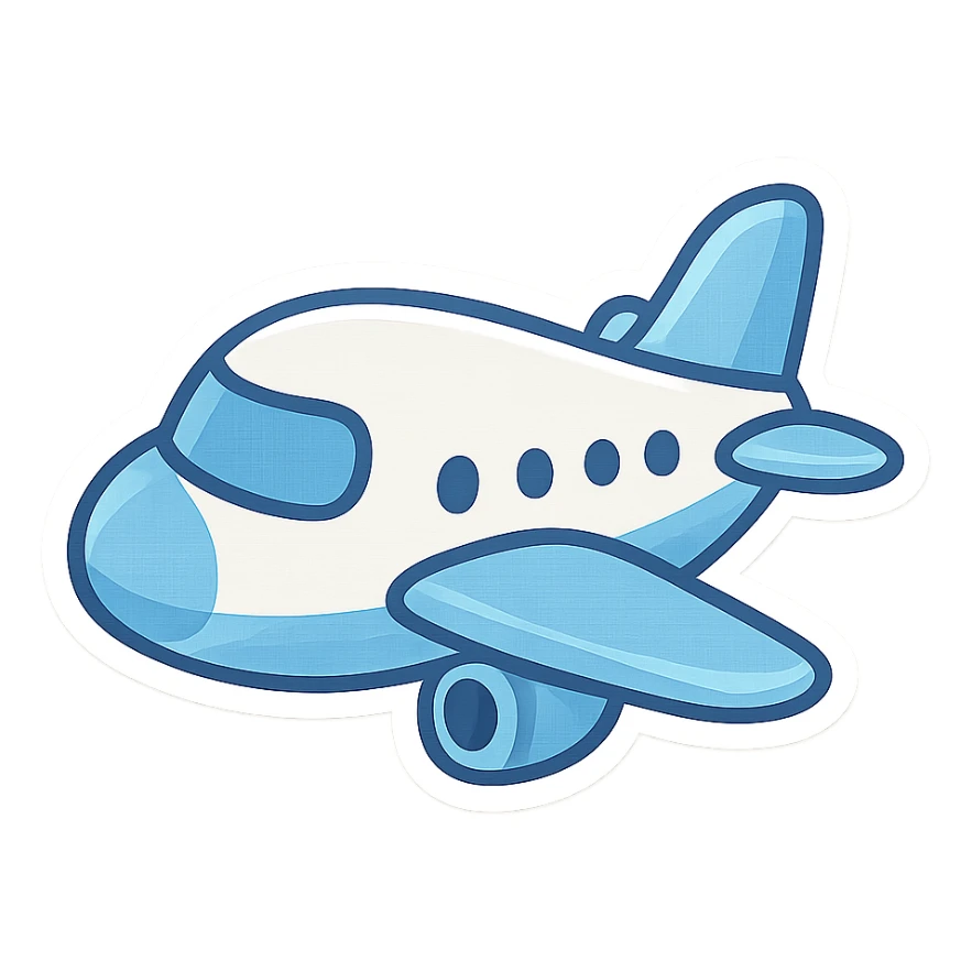 small airplane emoji, blue and white, cartoon style sticker
