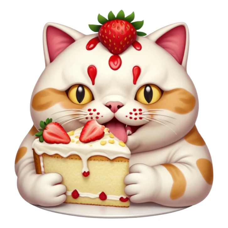 A chubby cat aggressively eating a giant strawberry cake, cream all over its face, exaggerated expression, vibrant colors, cartoon style, playful and humorous mood
, sticker