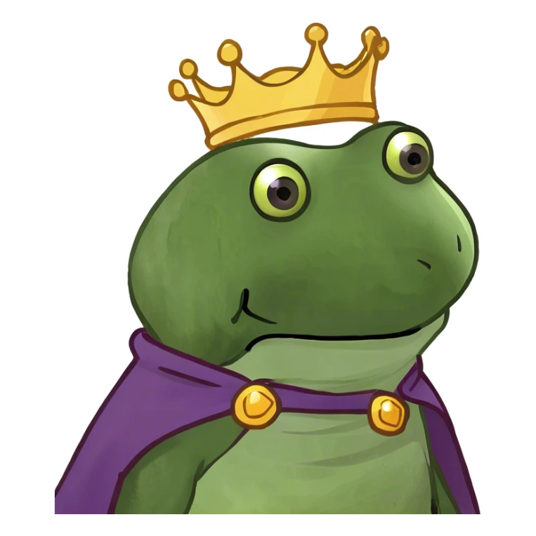 bufo the king wearing a purple cape and gold crown sticker