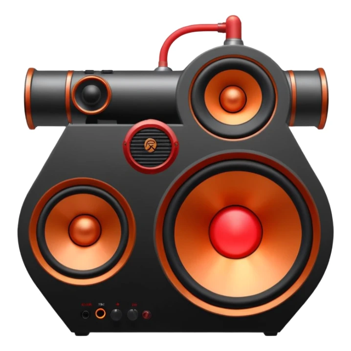 Head: A black KLIPSCH RP-8000F speaker, often represented with a red center or speaker cone.
Core: A small, bright glowing cherry-red circle representing his core.
Weapons: Shoulder-mounted speakers and plasma cannons on his arms.  sticker