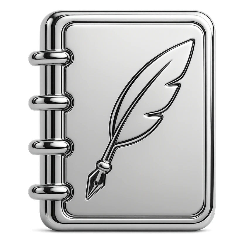 Minimal flat icon of an elegant notebook with a subtle pen or quill sticker