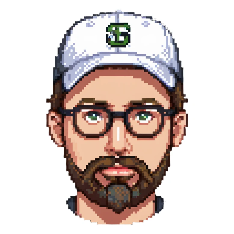 adventurer with goatee beard (no beard on cheeks), short hair, glasses and backwards baseball cap sticker