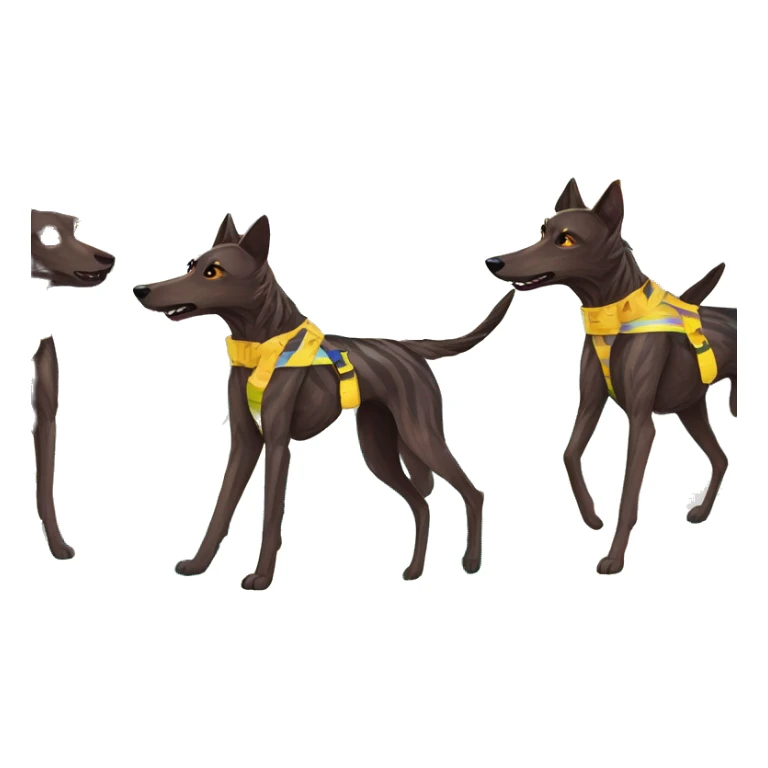  brindle brown black maroon striped lurcher Alsatian fox running blue eyes and iridescent holographic oilslick harness wearing paper iridescent tropical flower crown yellow caution tape sticker