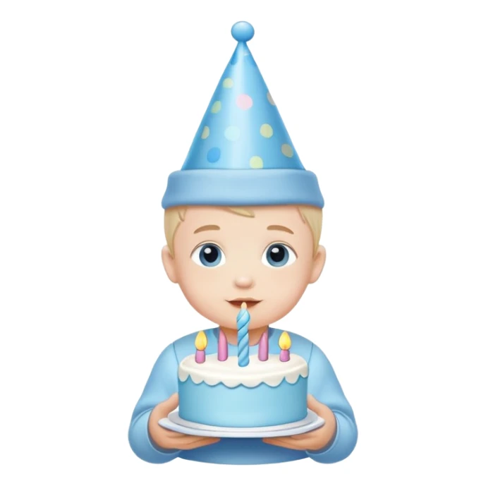 cute baby boy with pastel blue birthday hat and blue cake sticker