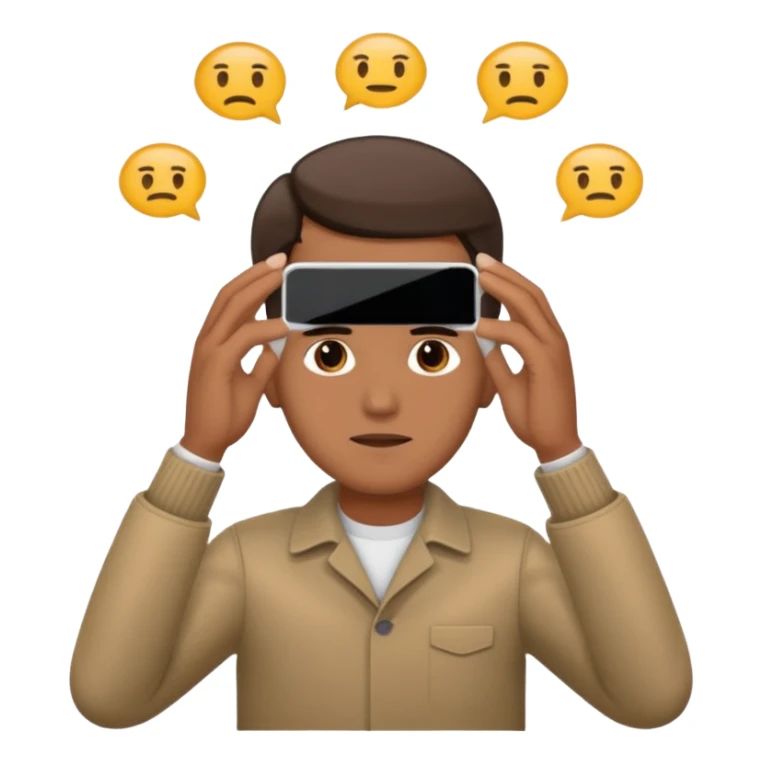 a guy holding an smartphone with both hands in landscape mode in front of his forehead sticker
