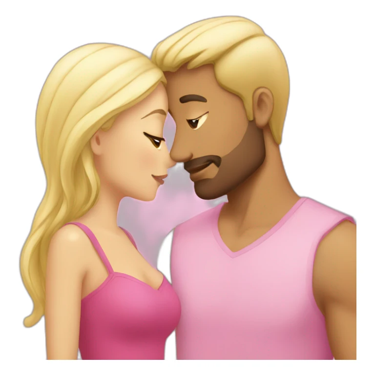 Blond woman in pink kissing brunette man without beard sticker