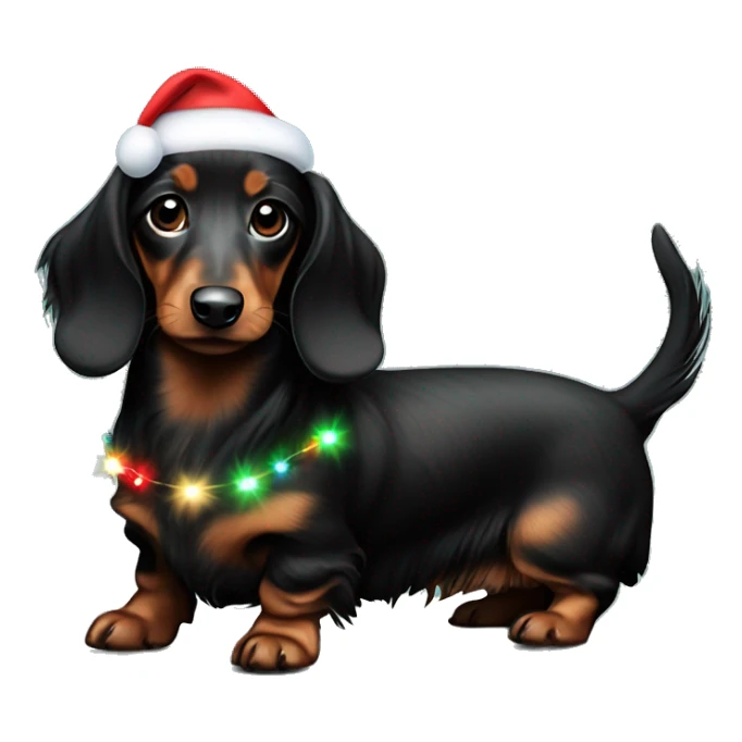 Miniature long haired dachshund brindle and black with Christmas lights sticker