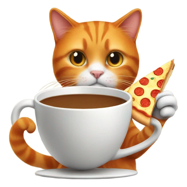 Orange cat drinking coffee and has a slice of pizza in his paw sticker
