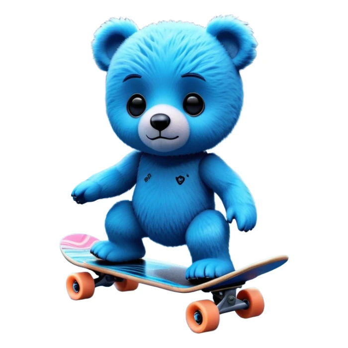 3D, adorable little Pixar style blue neon punk teddy bear on a skateboard, ultra detailed, each lash, eye, and strand of fur is shown in stunning detail as though captured in a timeless photograph, rich textures, visually rich, so lifelike it feels like it could leap off the page at any momen sticker
