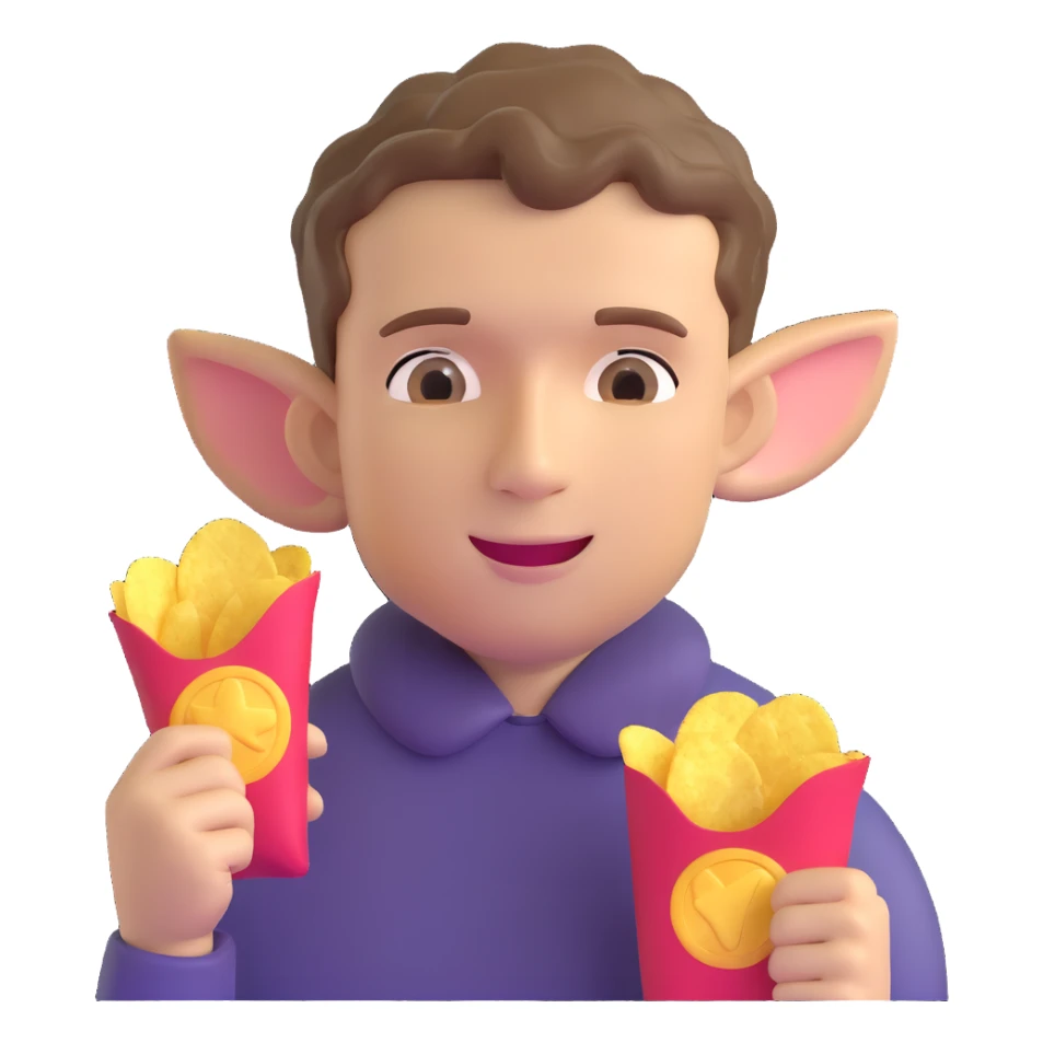 Man with short wavy hair, large ears, holding potato chips sticker