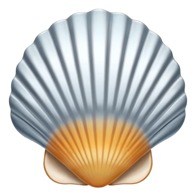 A seashell emoji made of polished silver chrome, smooth curved surface, reflective metallic highlights, elegant minimal design, iOS emoji style, centered, clean white background, soft lighting sticker