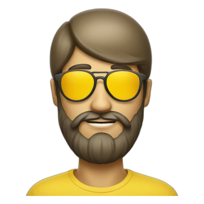 a man with a beard wearing yellow sunglasses with a mushroom on his head sticker