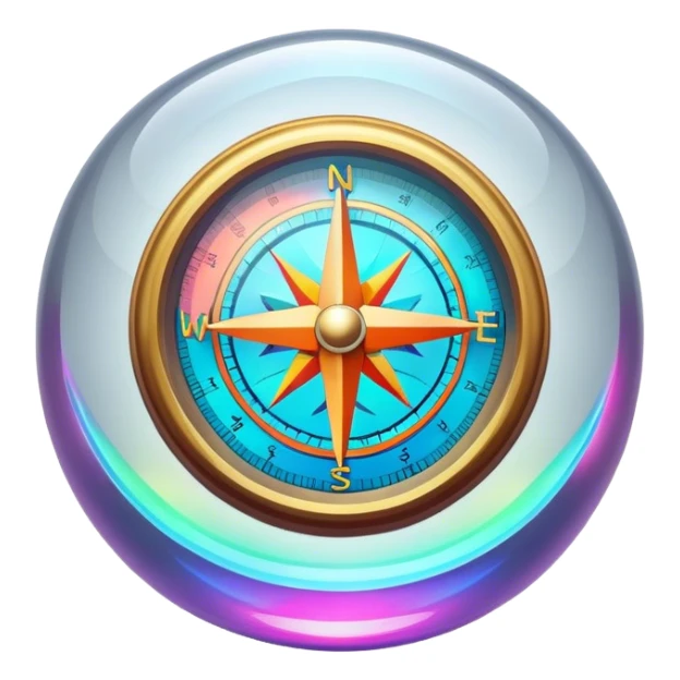 A glowing holographic compass with vibrant neon colors, inside a crystal-clear floating sphere sticker