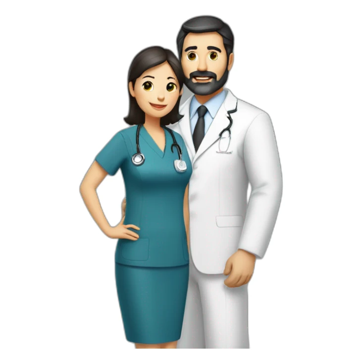 husband classic middle aged executive dark hair thin beard wearing business suit holding bible, with wife asian age 55 dark hair wearing nurse uniform sticker