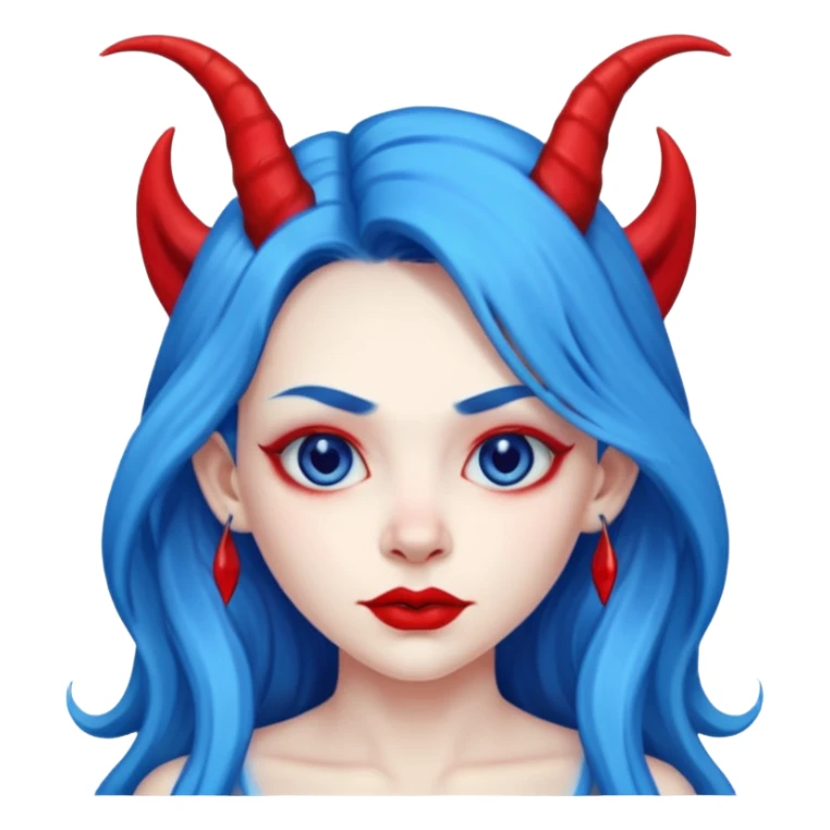 Female devil with long blue hair and horns,  cute face, half body sticker