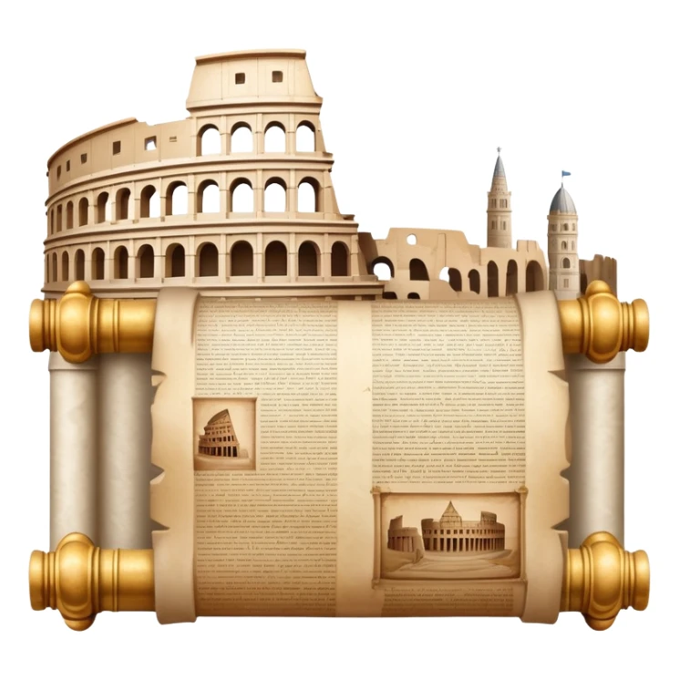 An icon featuring an ancient scroll, surrounded by famous historical landmarks and statues of notable figures, like the Colosseum or Napoleon. The design symbolizes the exploration of history through monuments and people. Transparent background highlights the pas sticker