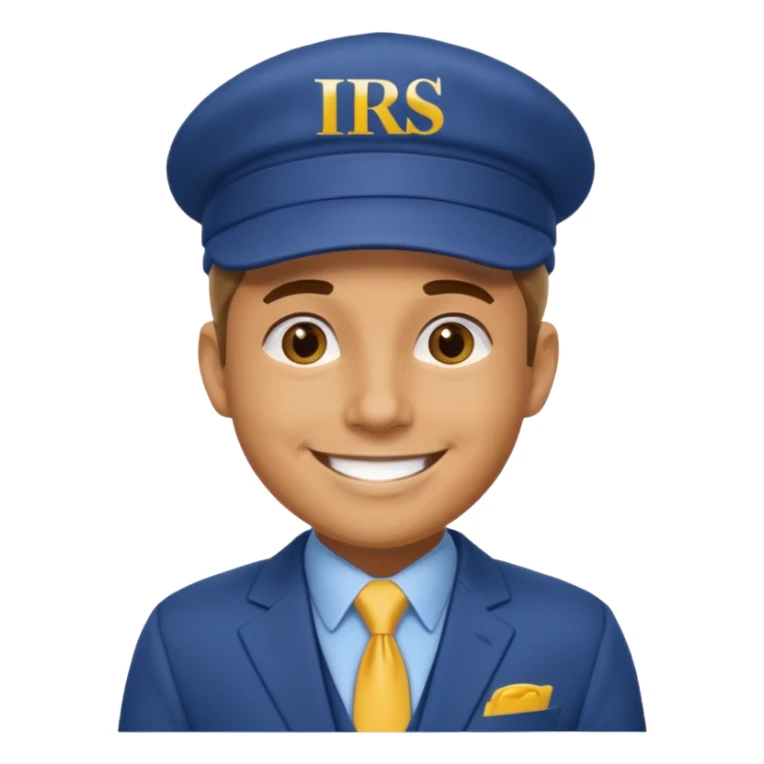 a man smiling dressed in a blue suit with a cap on that says IRS in yellow letters sticker