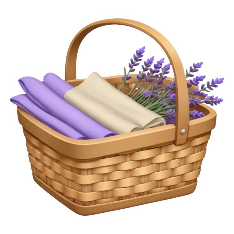 Basket of beige linens and lavender sticker