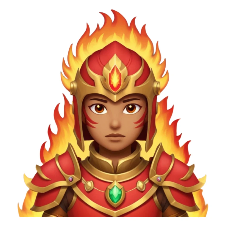desert fire warrior portrait, head and shoulders only, red-gold armor collar, glowing fire accents, powerful gaze, fantasy desert vibe, 3D cartoon, mobile game icon style, clean background, no text, no watermark
 sticker