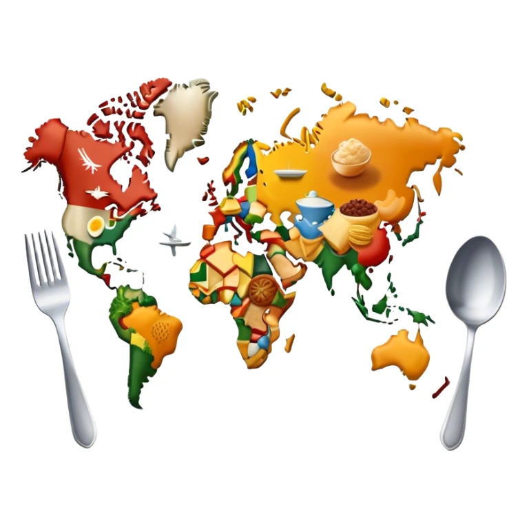 Icon for Culinary Tourism: a world map with food elements like a fork, knife, and dish, surrounded by iconic dishes from various countries. The icon should represent the exploration of global cuisines and travel experiences. Transparent background. sticker