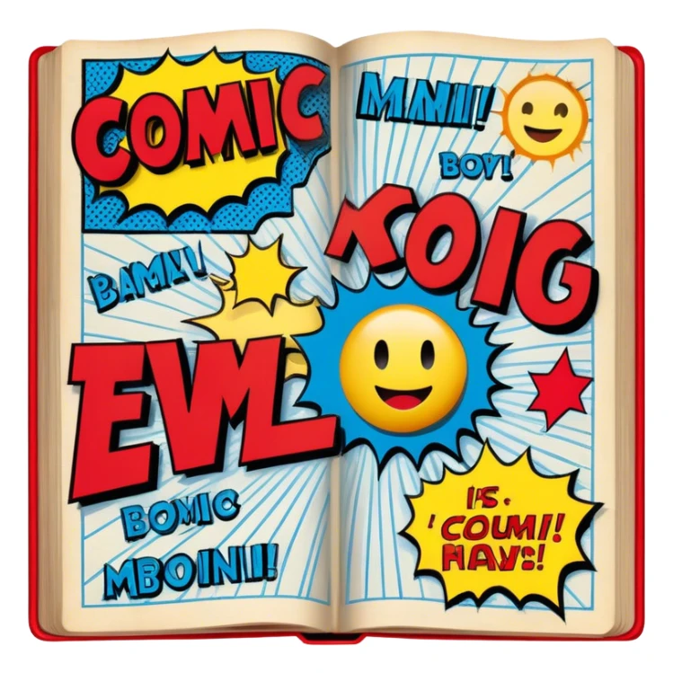 Create a vibrant emoji, representing comic books and graphic novels as an art form. The design should feature a large, opened comic book with vintage comic panels on the pages. Include a pencil (without a hand), writing text or sketching on the pages. The comic panels should have bold lines and retro-style artwork with classic comic book visuals. Use bright, energetic colors like red, yellow, and blue to evoke excitement and creativity. The overall design should feel dynamic, vintage, and artistic. Make the background transparent. sticker