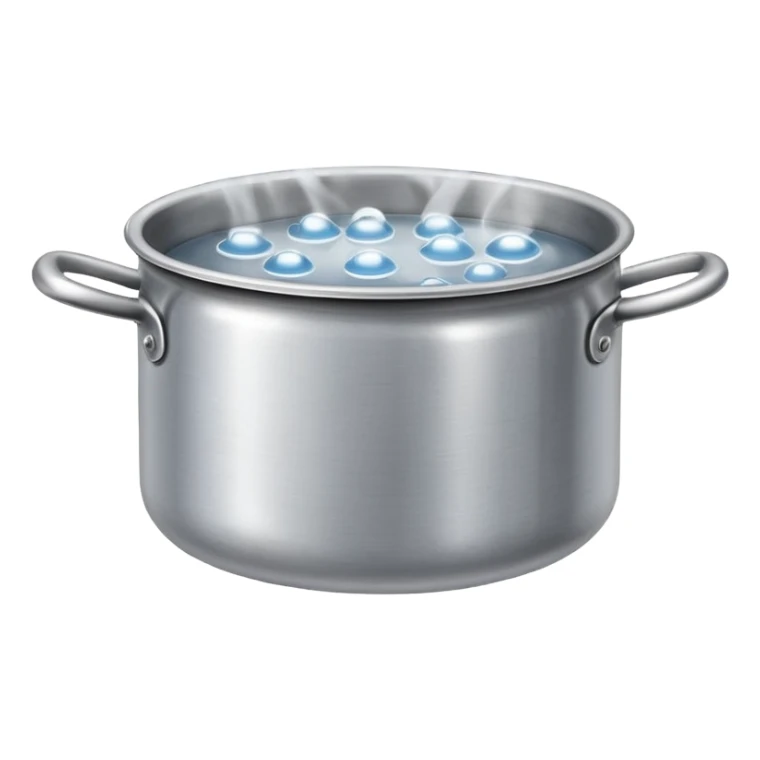 small metal pot filled with boiling water on a stove, visible hot steam and rising bubbles, realistic heat effect, shiny pot surface, bright lighting, clean white background sticker