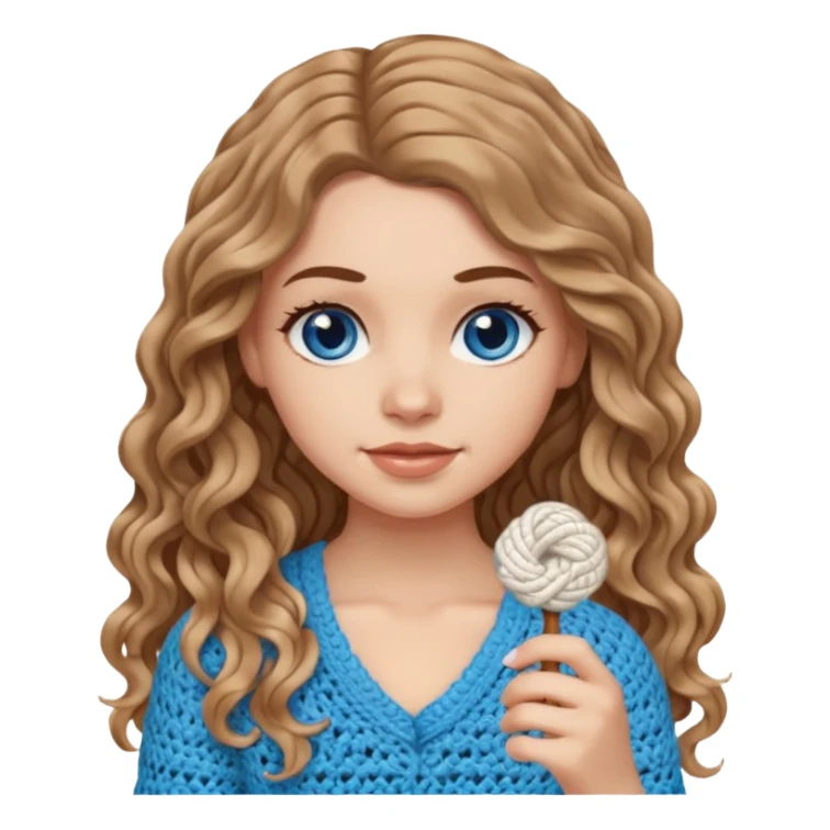 White Girl with light brown wavy long hair and blue eyes crocheting sticker
