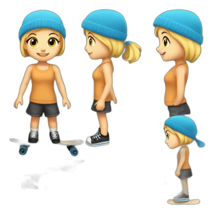 Little blond girl with blue beanie on black skateboard sticker