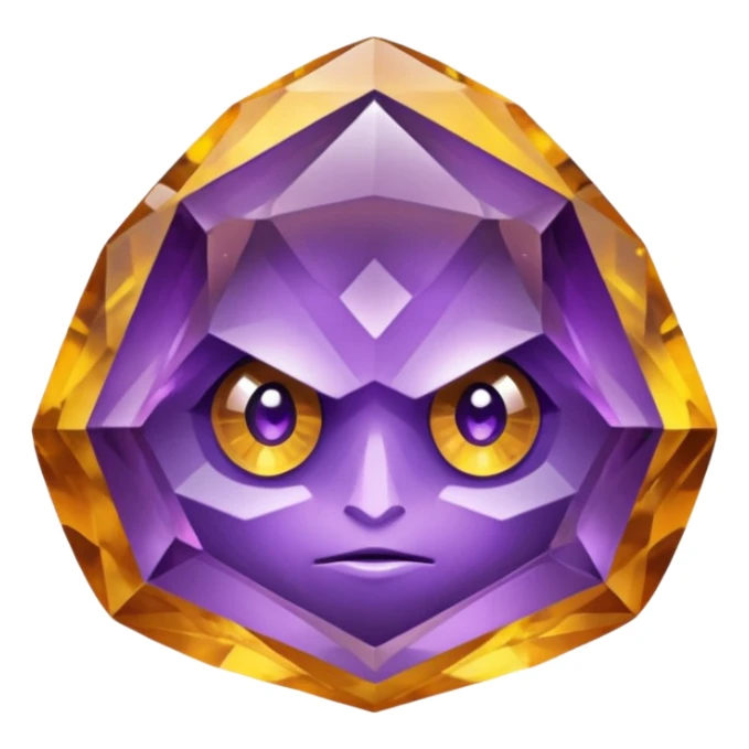 Single gemstone amethyst character, warm golden citrine, squat and heavy like a rock, with carved facets with eyes sticker