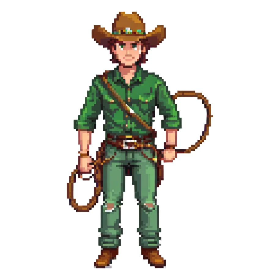 Cowboy character with green shirt, pants, and hat, holding a lasso sticker