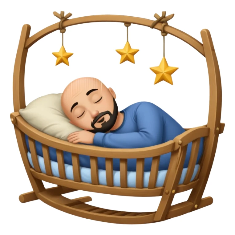 a bald, tan man who has a black goatee sleeping in a cradle sticker