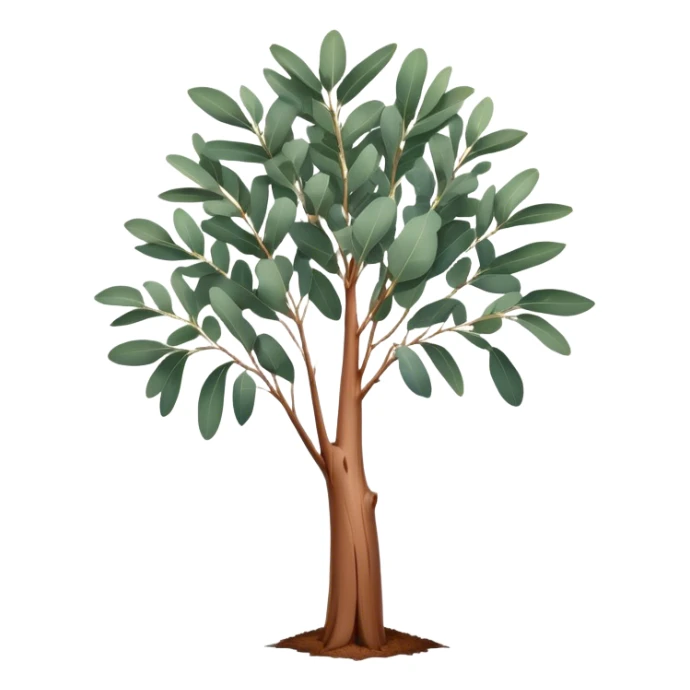 Cinematic Realistic Eucalyptus Emoji, Tall and graceful, with slender trunks covered in smooth, peeling bark and large, fragrant leaves. The eucalyptus trees sway gently in the breeze, releasing a calming aroma that fills the air. Soft glowing outline, capturing the essence of rugged beauty and natural serenity in a tall eucalyptus tree! sticker
