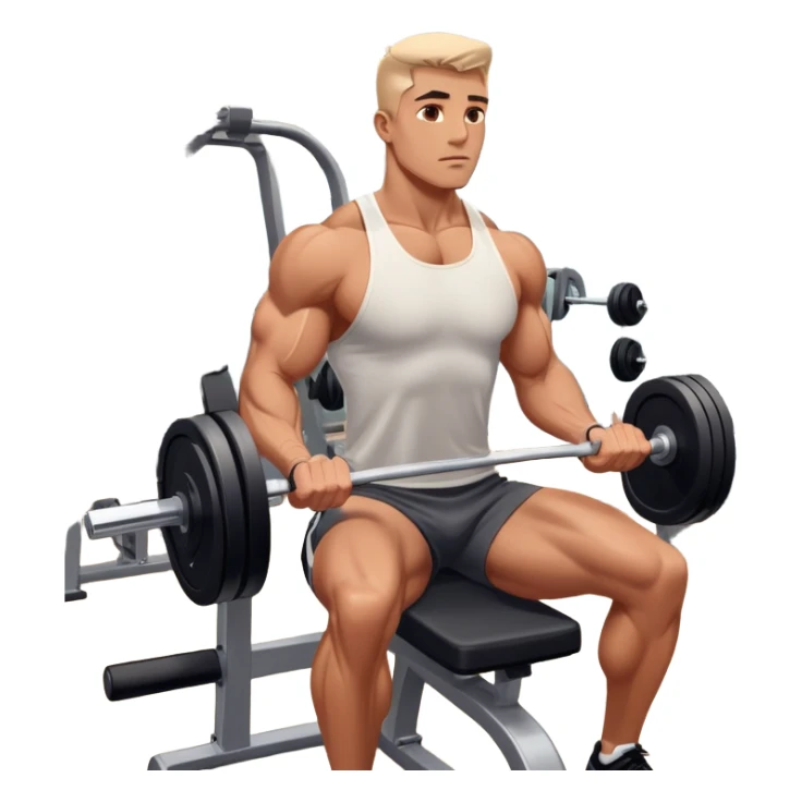 A focused athlete working out on a strength training machine in a modern gym. Muscles engaged, expression determined, demonstrating power and endurance. The gym is filled with equipment like dumbbells, barbells, and mirrors reflecting effort, creating a high-energy atmosphere. sticker