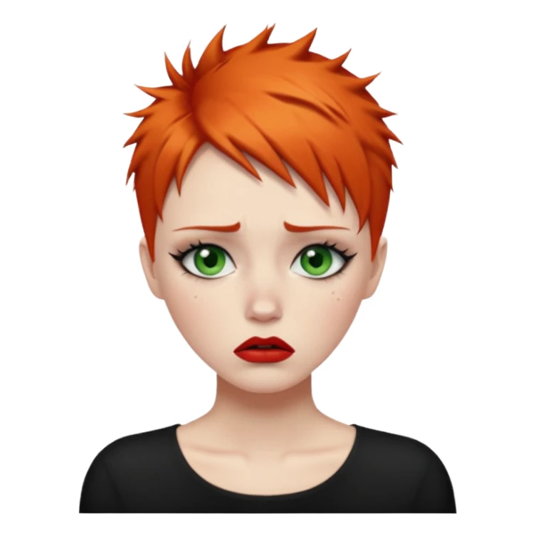 Short spikey Ginger hair, green eyes, black long eye lashes large red lips White woman very sad crying  sticker