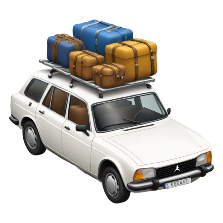 a white peugeot 504 break with few luggage on the roof sticker