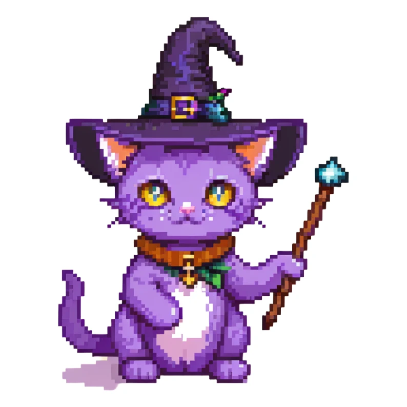 purple cat wearing a witch hat and holding a magic wand sticker