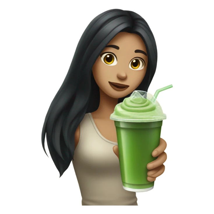 girl with long black hair and an iced matcha sticker