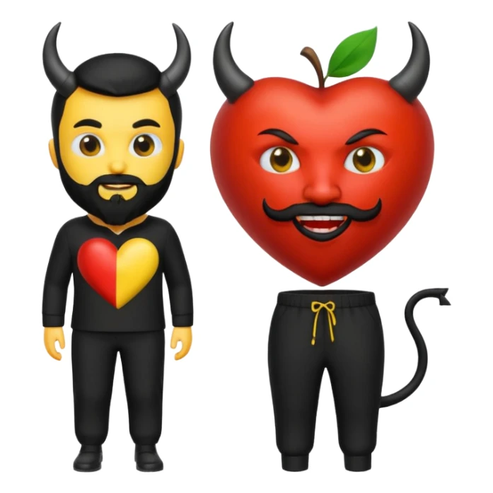 3D yellow heart emoji, devil face, full black beard, black horns and tail. Top: Italian flag. Bottom: Cornish flag trousers. Apple style, glossy, white background. sticker