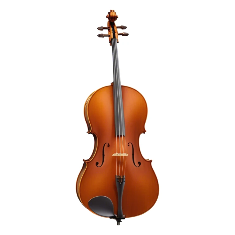 Create an elegant and refined emoji representing the Cremona 4/3F 4/4 cello with a Hans Klein HKCB bow. The design should feature the curved wooden body of the cello with a rich, glossy finish, capturing its classical shape and intricate details. The bow should be displayed with fine craftsmanship, highlighting the hair and the smooth, polished wooden stick. Include subtle musical notes floating around the instrument to emphasize its rich, melodic sound. Use deep wood tones like chestnut brown, gold accents for the fittings, and soft lighting effects to give the instrument a timeless, professional feel. The background should be transparent. sticker