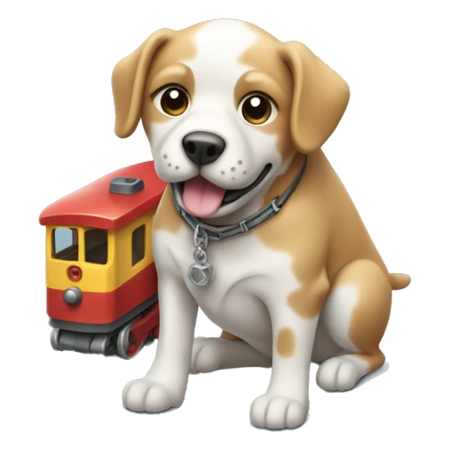 Dog with a toy train in its hand sticker