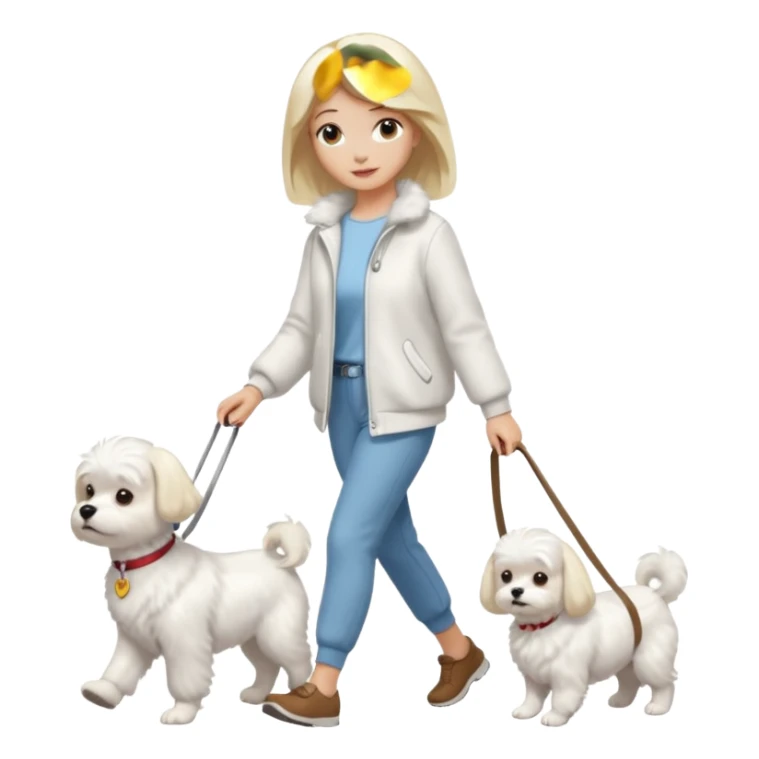 blonde woman wearing white, walking a maltese dog. sticker