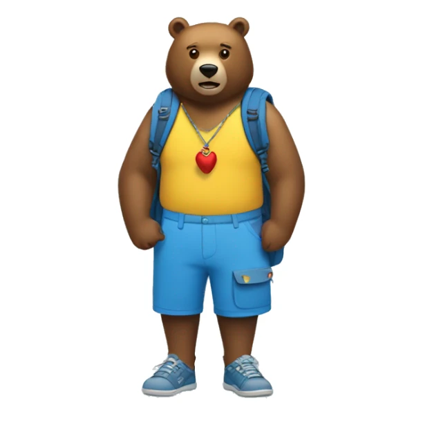 a brown bear wearing a blue backpack and yellow shorts and a sharktooth necklace, with a red bird emerging from his blue backpack. sticker