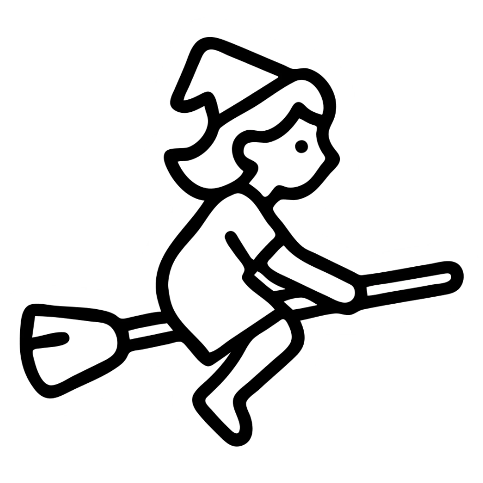 a simple girl flying on a broom, white dress, outlined icon style sticker