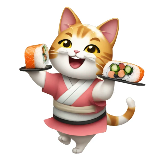happy girl cat eating sushi and dancing sticker