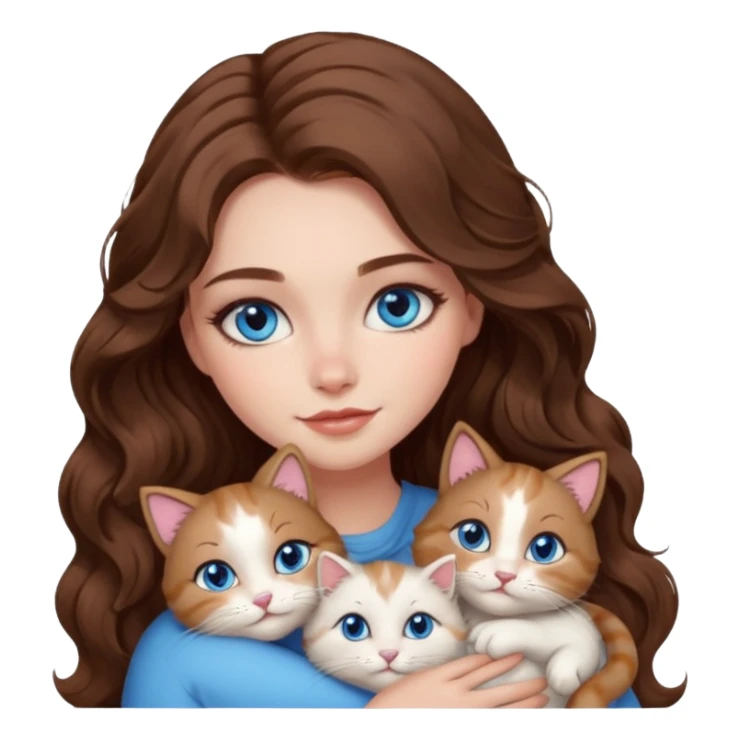 girl with long wavy brown hair, blue eyes, long lashes makeup, cuddling with 6 cute cats sticker