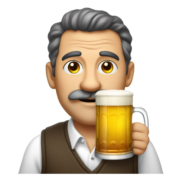 "A middle-aged man with a round face, a bushy mustache, and a jovial yet greedy expression. He wears a vest over a white shirt, holding a mug of beer, standing in a cozy tavern." sticker