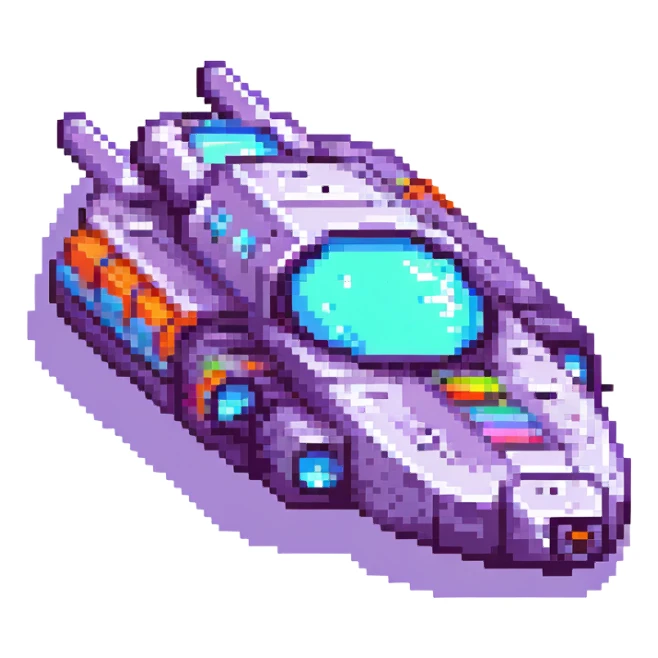 A pixel art style space cruiser with a retro design, blocky shapes, and a neon color scheme. sticker