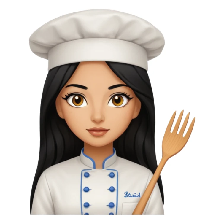 Create a persian girl, black hair, Middle Eastern with lashes  chef🧑‍🍳 emoji, barbie vibes tan skin black long hair with long lashes BADDIE VIBES long black hair and tanned skin  sticker